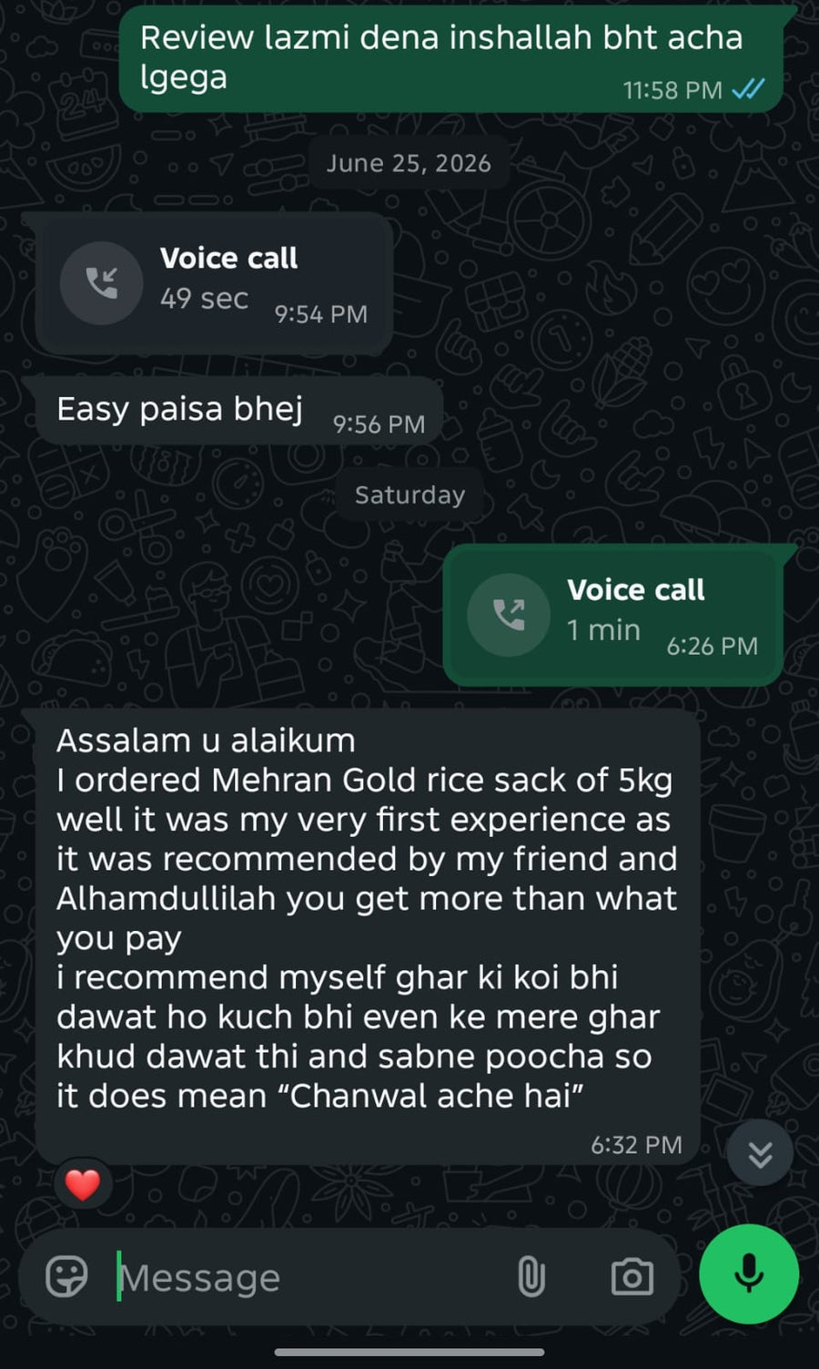 Message from a customer